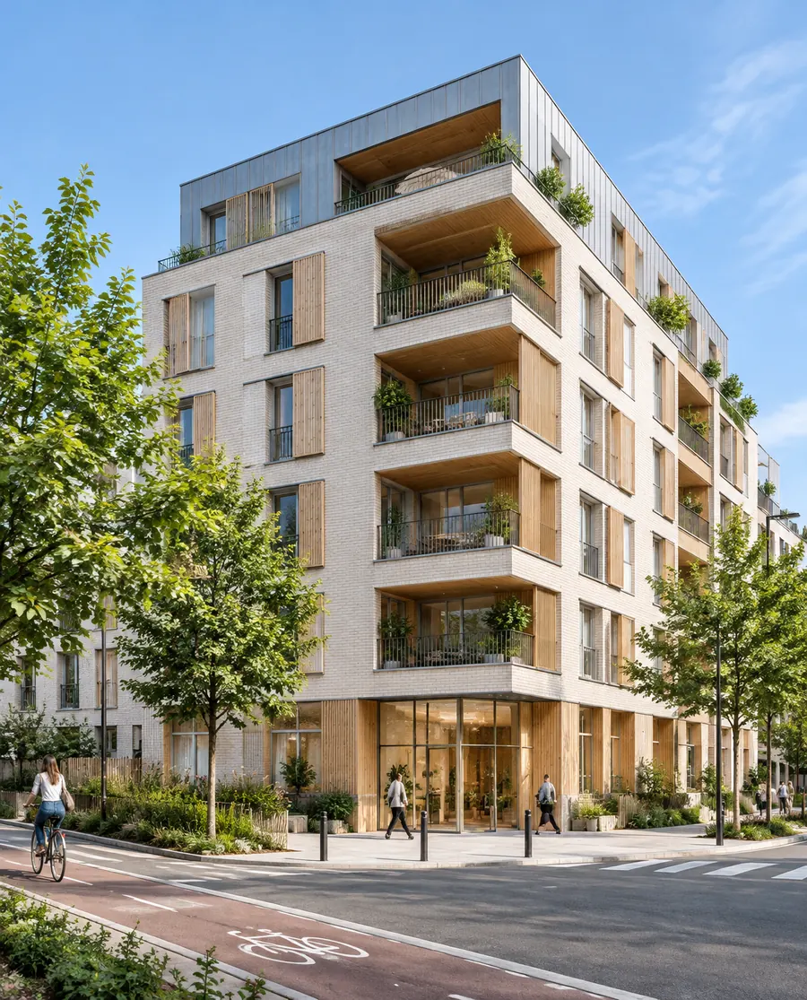 Immeuble neuf d'angle en briques claires et bois, avec loggias