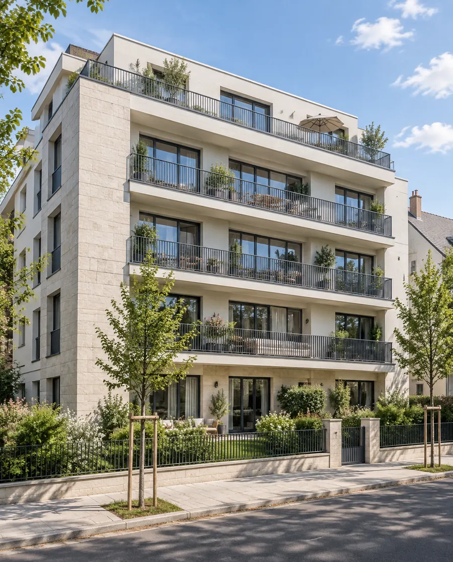 Résidence neuve à balcons filants et façade en pierre claire