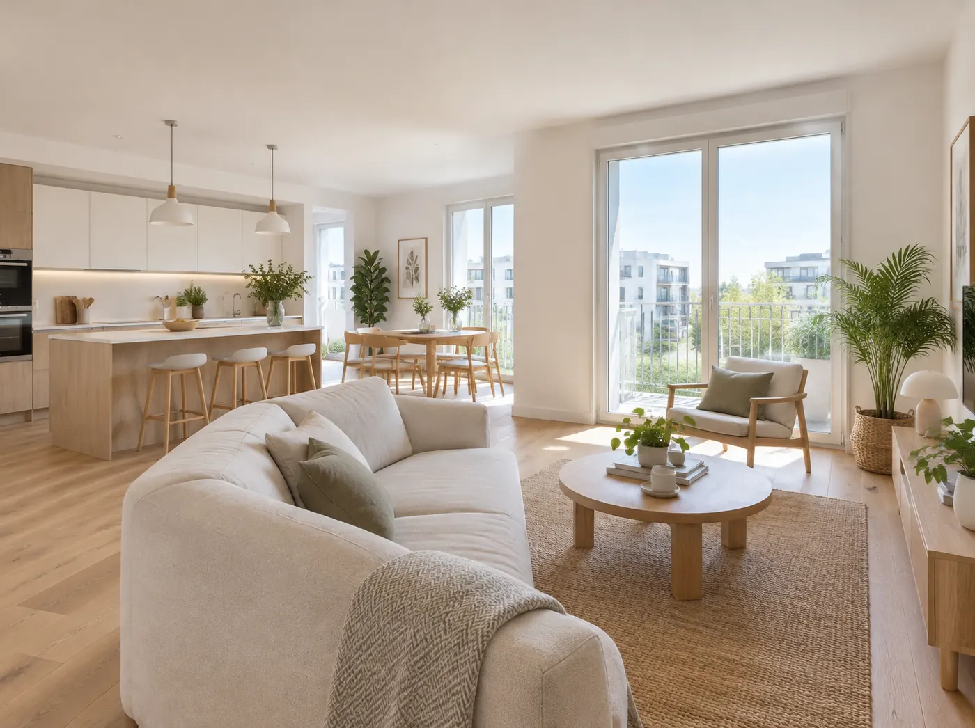 Salon lumineux d'un appartement neuf prêt à être loué
