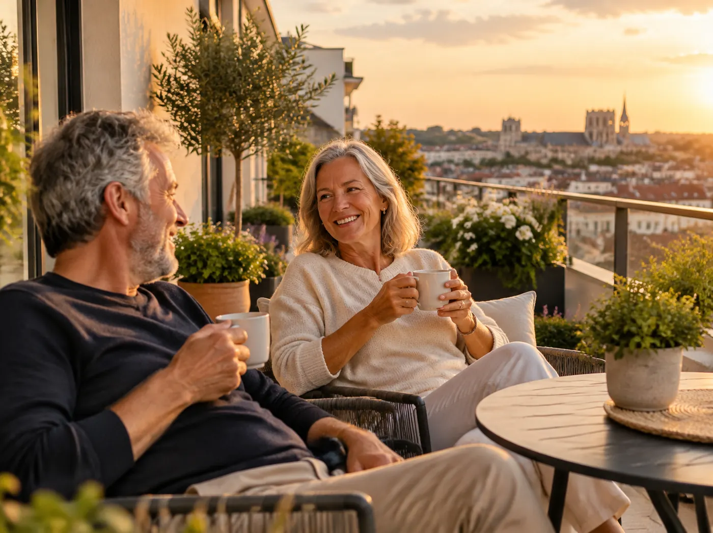 Couple souriant sur la terrasse de son appartement, au coucher du soleil