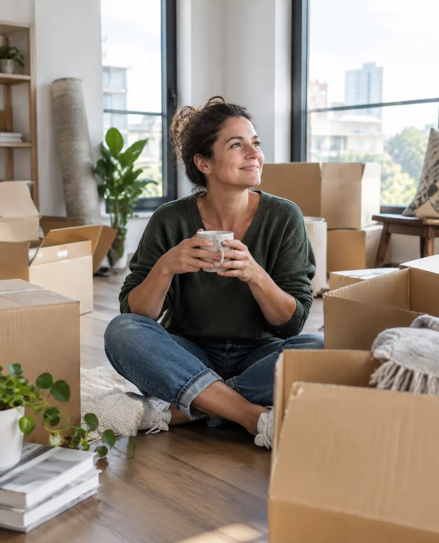 Femme préparant son déménagement au milieu de cartons
